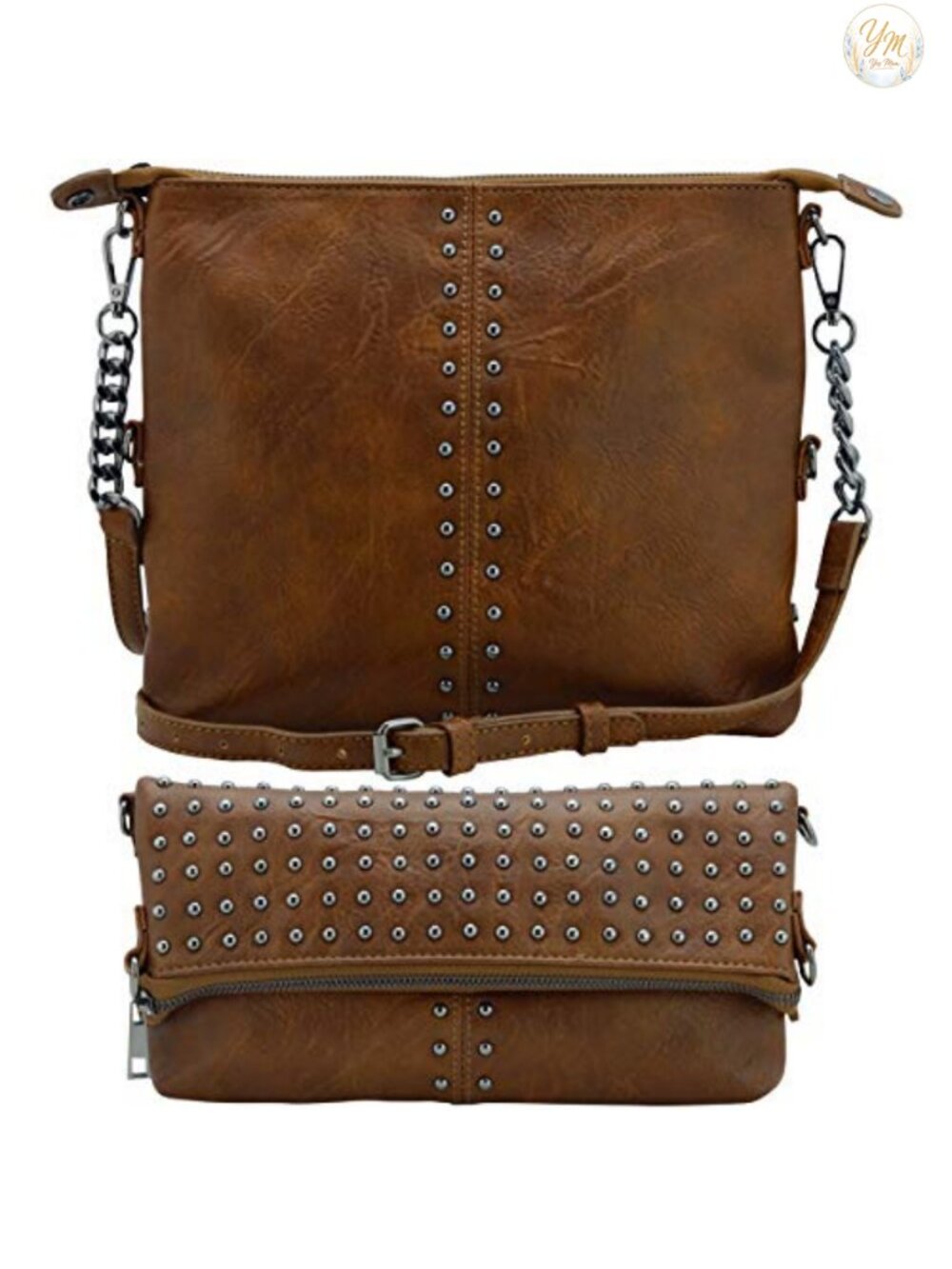 Studded Chain Crossbody Bag Faux Leather Lightweight Converts to Clutch